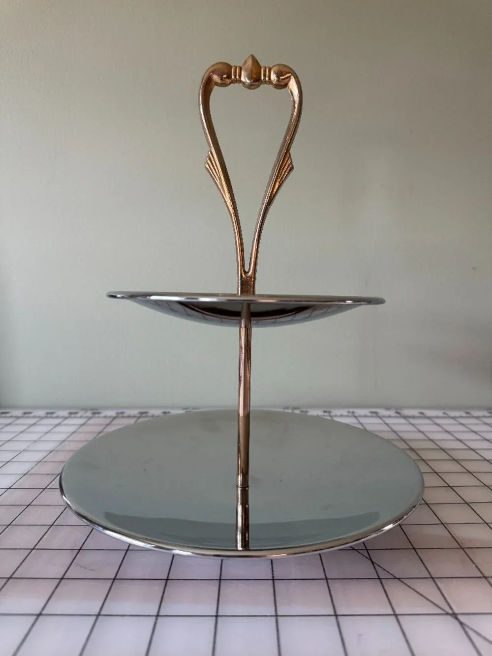 Vintage Kromex 2 Tier Chrome Tidbit Serving Tray MCM Dessert Stand Gold Handle